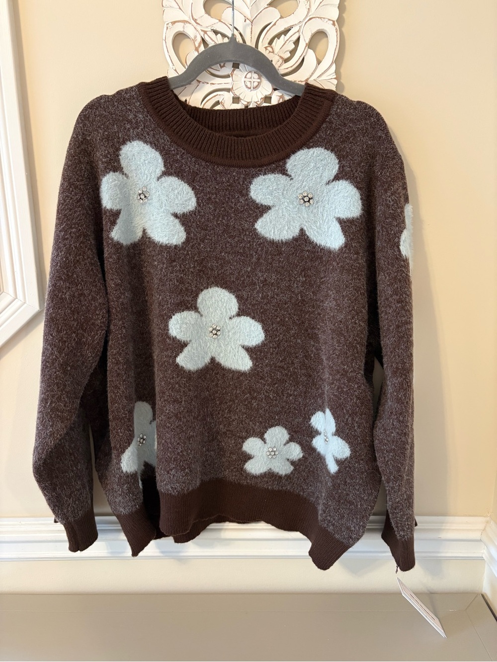 Nanette Lepore Brown Sweater with Light Blue Floral Appliqués
